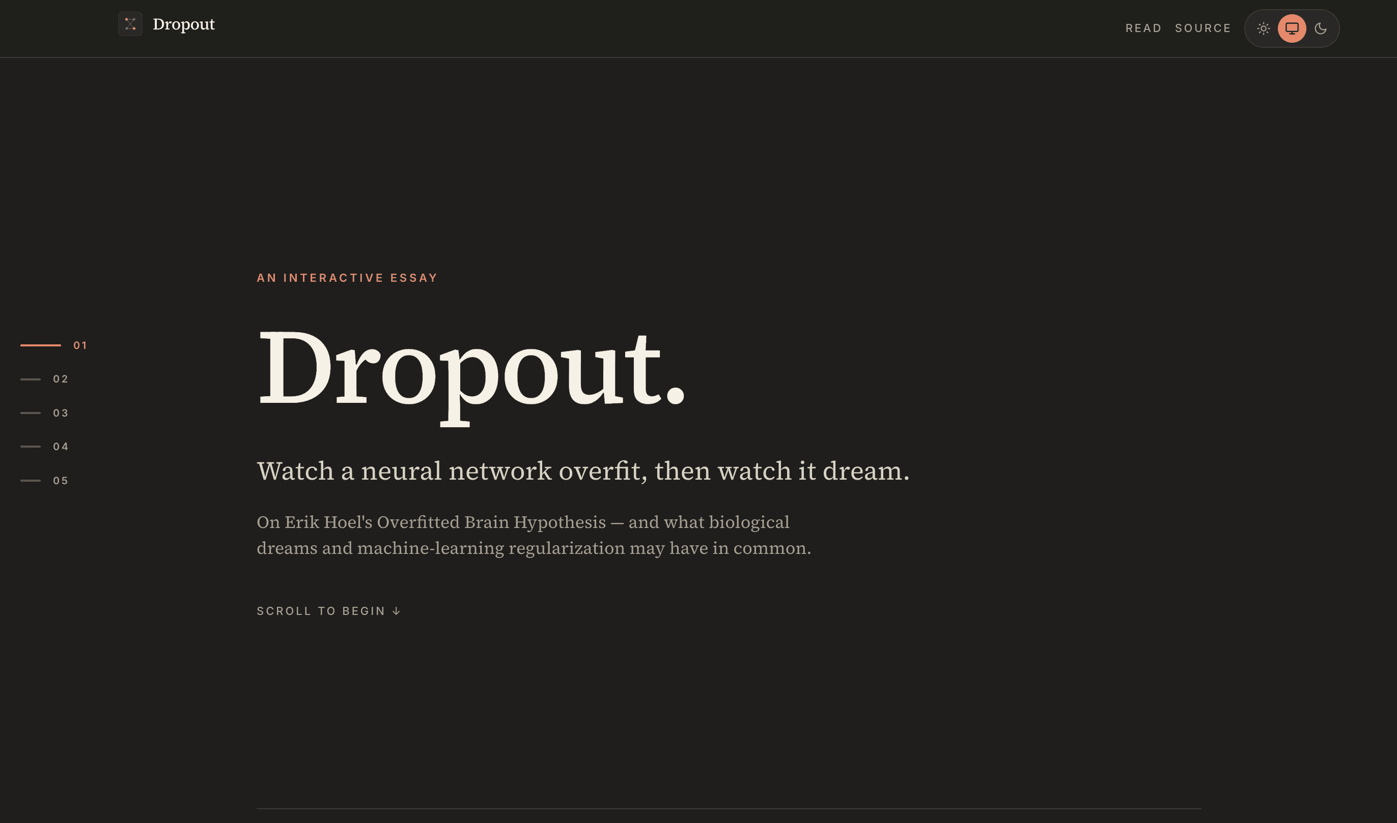 Dropout — watch a neural network overfit, then dream
